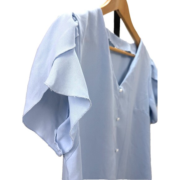 Light Blue Blouse Small Flutter Split Short Sleeves Lightweight Pullover V-Neck - Picture 2 of 4